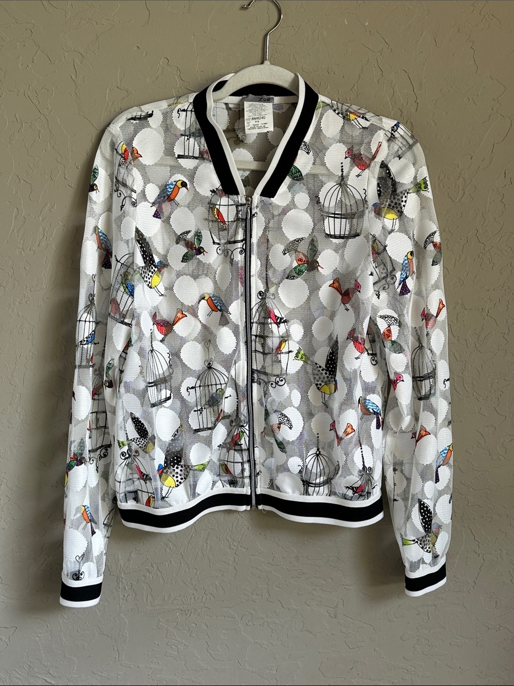 Zoe White Mesh Bomber Jacket with Multicolor Bird Print size petite small